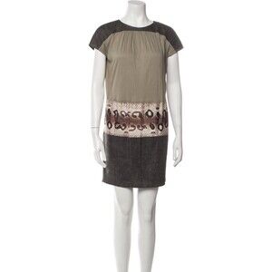 Longchamp made in France Mix Media Mini Dress size S Crew Neck Linen Silk